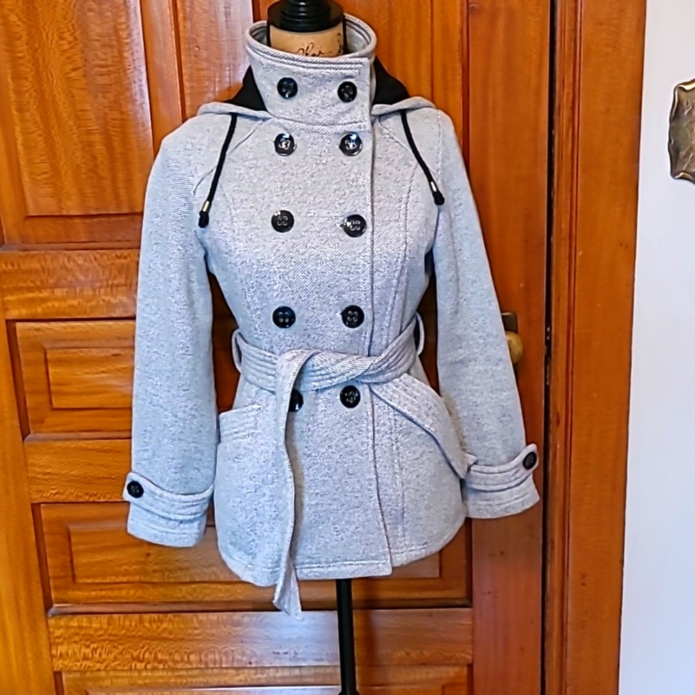 Sebby Gray Drawstring Hoodie Belted Trench Coat